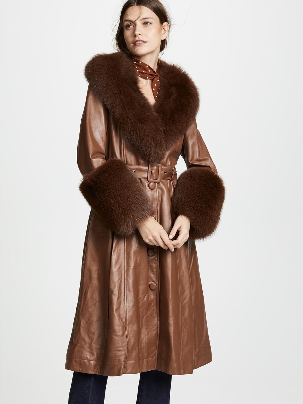 Saks Potts Brown Leather Trench Coat with Fur Trim
